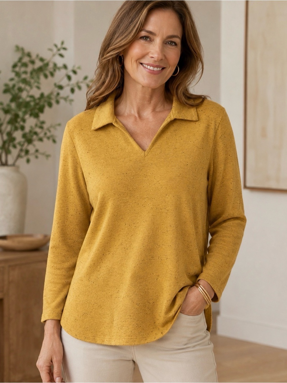 J JILL L Speckled yellow collared woman rounded edge Vneck cotton blend popover